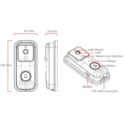 Sonnette vidéo intelligente WiFi Anytek B60 720P, prend en charge l'application à distance et la détection PIR et la carte TF