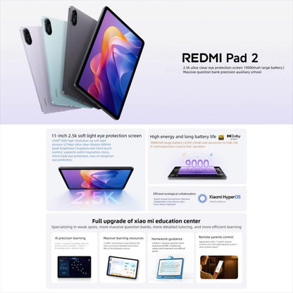 REDMI Pad 2 11 inch, 6GB+256GB, HyperOS 2, MediaTek G100-Ultra Octa Core CPU, 6GB+128GB