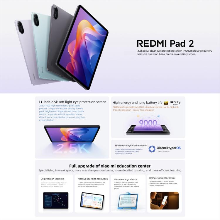 REDMI Pad 2 11 inch Tablet PC, 8GB+128GB, HyperOS 2, MediaTek G100-Ultra Octa Core CPU, 8GB+128GB