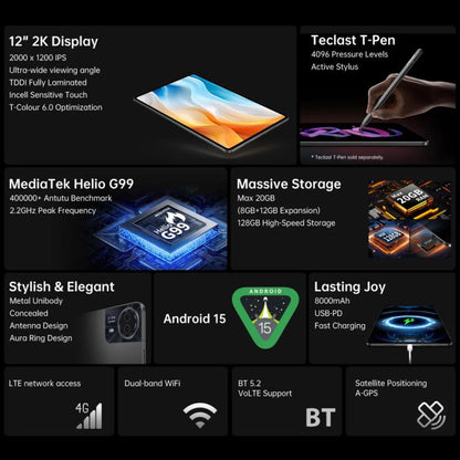 Teclast T60 Pro 4G LTE Tablet PC, 8GB+128GB, 12 inch Android 15 MediaTek Helio G99 Octa Core, Support Dual SIM, T60 Pro