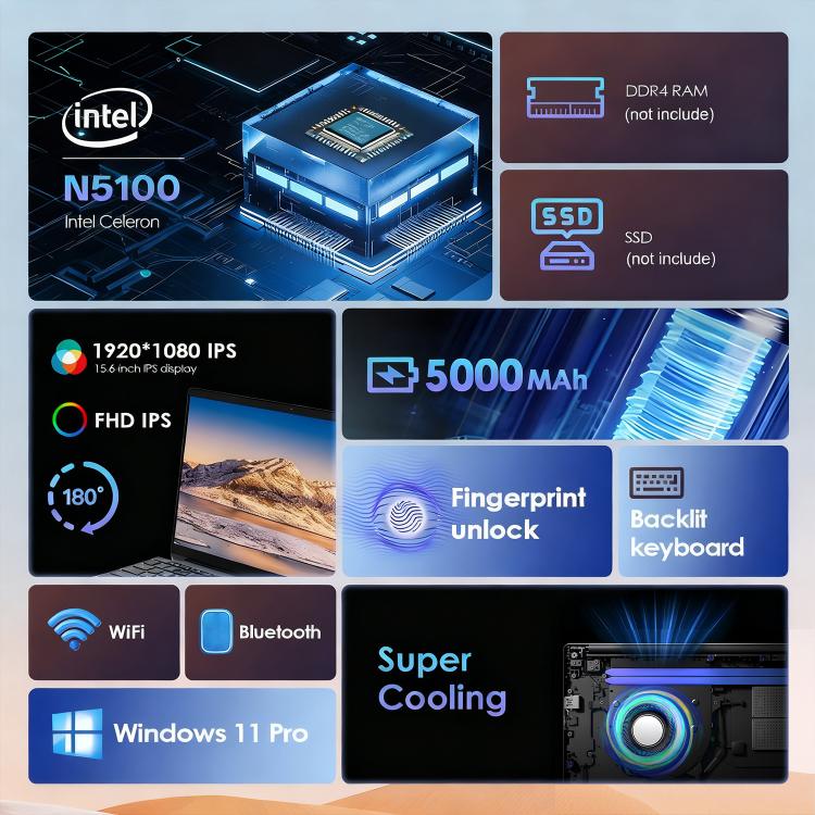 GXMO T152J 15.6 inch Laptop, No Memory, Windows 11 Pro Intel Celeron N5100 Quad Core, Support Fingerprint Unlock, US Plug, No Memory, US Plug