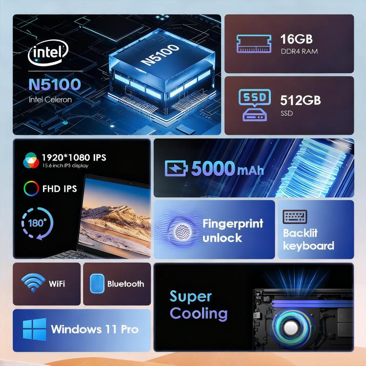 GXMO T152J 15.6 inch Laptop, 16GB+512GB, Windows 11 Pro Intel Celeron N5100 Quad Core, Support Fingerprint Unlock, UK Plug, 16GB+512GB, UK Plug