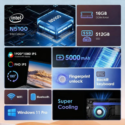 GXMO T152J 15.6 inch Laptop, 16GB+512GB, Windows 11 Pro Intel Celeron N5100 Quad Core, Support Fingerprint Unlock, UK Plug, 16GB+512GB, UK Plug