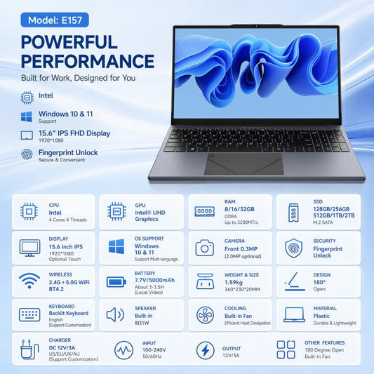 Ordinateur portable léger E157 de 15.6 pouces, 8 Go + 256 Go, Windows 11, processeur Intel Alder Lake N100 quadricœur, prise américaine, Intel N100