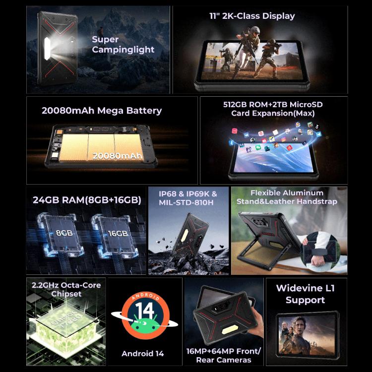 HOTWAV Tab R9 Plus IP68/IP69K Rugged Tablet, 8GB+512GB, 11 inch Android 14 Unisoc T7280 Octa Core 4G Network, Global Version with Google Play, EU Plug, Tab R9 Plus