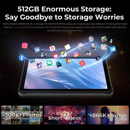 HOTWAV Tab R9 Plus IP68/IP69K Rugged Tablet, 8GB+512GB, 11 inch Android 14 Unisoc T7280 Octa Core 4G Network, Global Version with Google Play, EU Plug, Tab R9 Plus