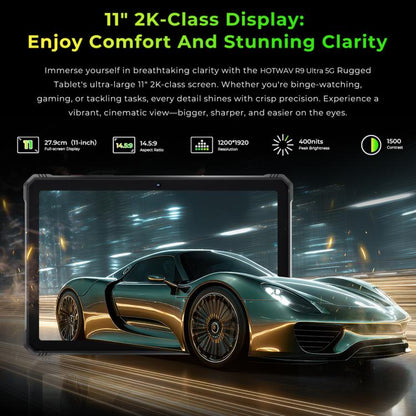 HOTWAV Tab R9 Ultra IP68/IP69K Rugged Tablet, 8GB+512GB, 11 inch Android 15 Unisoc T8200 Octa Core 5G Network, Global Version with Google Play, EU Plug, Tab R9 Ultra