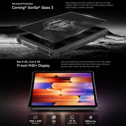 Ulefone Armor Pad 5 Ultra Rugged Tablet PC, 12GB+512GB, 11 inch Android 15 MediaTek Dimensity 7400X Octa Core 5G Network, EU Plug, Armor Pad 5 Ultra