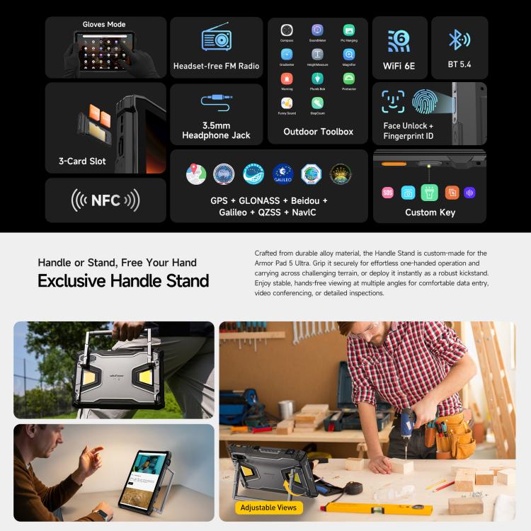 Ulefone Armor Pad 5 Ultra Rugged Tablet PC, 12GB+512GB, 11 inch Android 15 MediaTek Dimensity 7400X Octa Core 5G Network, EU Plug, Armor Pad 5 Ultra