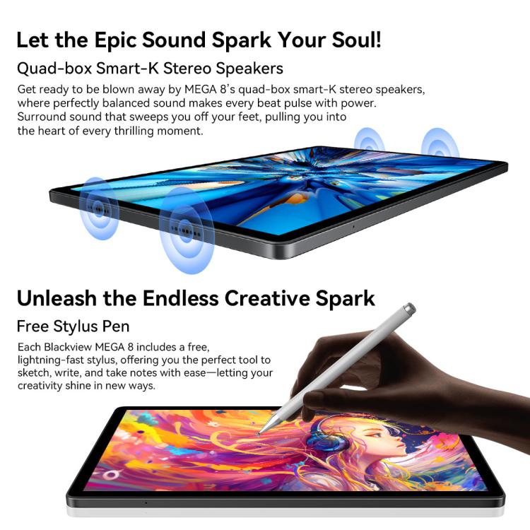 Blackview MEGA 8 Tablet PC, 12GB+256GB, 13 inch Android 15 Unisoc Tiger T620 Octa Core, Network: 4G, Global Version with Google Play, 12GB+256GB