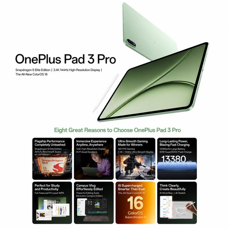 OnePlus Pad 3 Pro 13.2 inch WiFi Tablet PC, 12GB+256GB ColorOS 16 Qualcomm Snapdragon 8 Elite Gen5 CPU, US Plug, 12GB+256GB