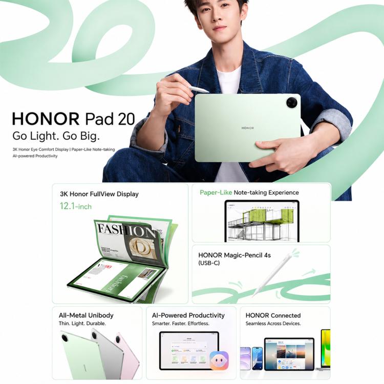 Honor Pad 20 Lite Edition WiFi Tablet PC, 12.1 inch 6GB+128GB MagicOS 10 Qualcomm Snapdragon 7 Gen3 Octa Core, US Plug, Lite Ed. 6GB+128GB