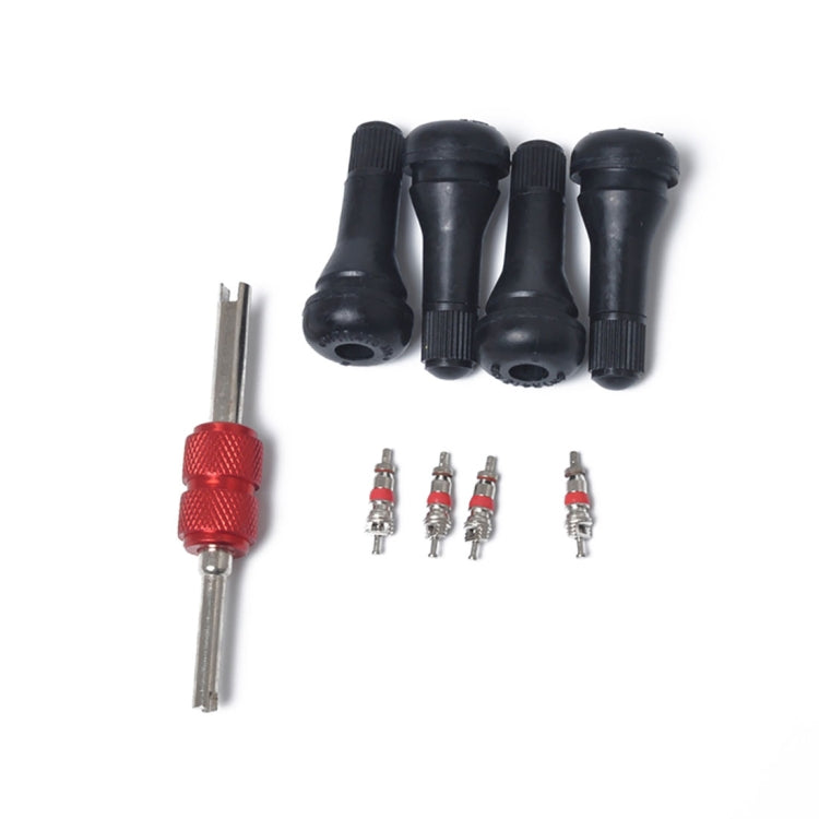 Snap-in Short Black Rubber Valve Stem (TR413) 4-Pack with Valve Core Wrench for Tubeless 0.453 Inch 11.5mm Rim Holes on Standard Vehicle Tires, TR413