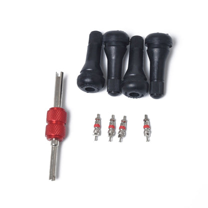 Snap-in Short Black Rubber Valve Stem (TR413) 4-Pack with Valve Core Wrench for Tubeless 0.453 Inch 11.5mm Rim Holes on Standard Vehicle Tires, TR413
