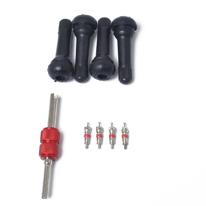 Snap-in Short Black Rubber Valve Stem (TR414) 4-Pack with Valve Core Wrench for Tubeless 0.453 Inch 11.5mm Rim Holes on Standard Vehicle Tires, TR414