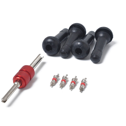 Snap-in Short Black Rubber Valve Stem (TR414) 4-Pack with Valve Core Wrench for Tubeless 0.453 Inch 11.5mm Rim Holes on Standard Vehicle Tires, TR414