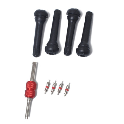 Snap-in Short Black Rubber Valve Stem (TR418) 4-Pack with Valve Core Wrench for Tubeless 0.453 Inch 11.5mm Rim Holes on Standard Vehicle Tires, TR418