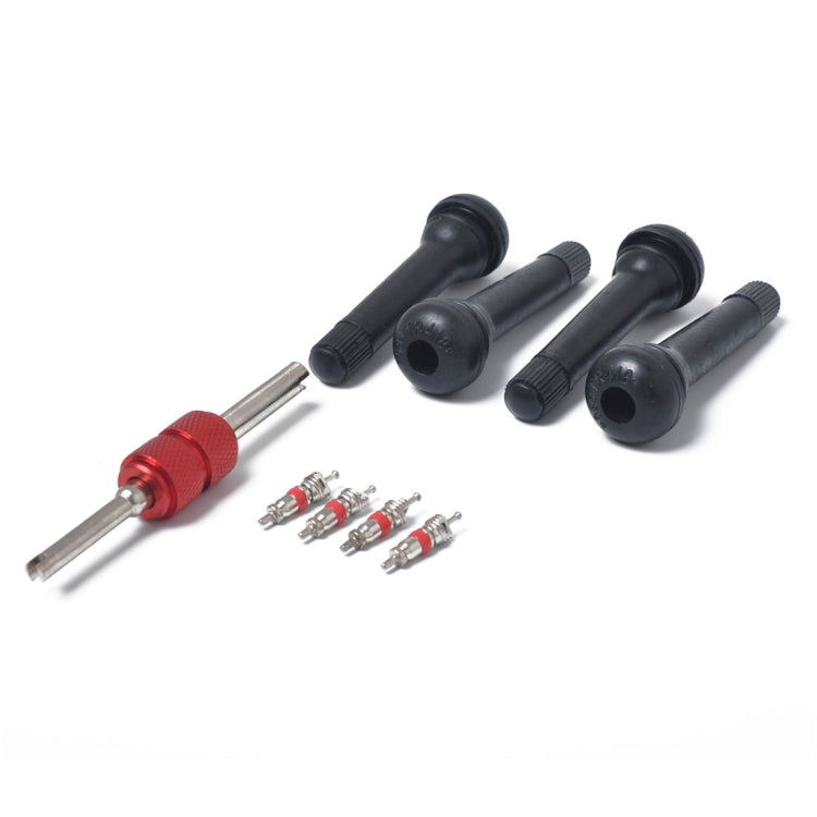 Snap-in Short Black Rubber Valve Stem (TR418) 4-Pack with Valve Core Wrench for Tubeless 0.453 Inch 11.5mm Rim Holes on Standard Vehicle Tires, TR418