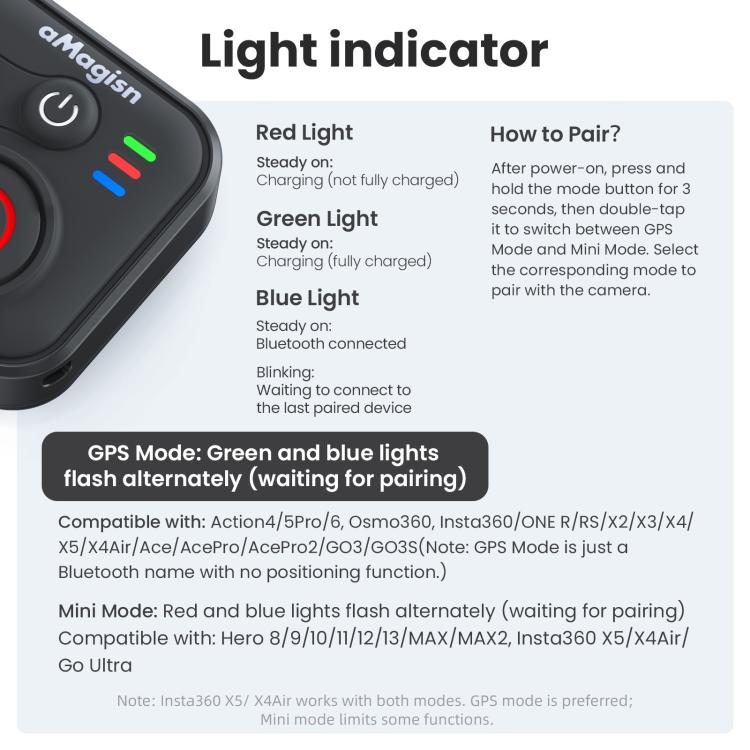 aMagisn Bluetooth Remote Controller 3.0 Universal Version For Insta360, GoPro Hero, Android/ios Smartphones, DJI OSMO 360, Action 6/5 Pro/4, AM40 - ORIWHIZaMagisnDJI & Insta360 AccessoriesOther Insta360 Accessories