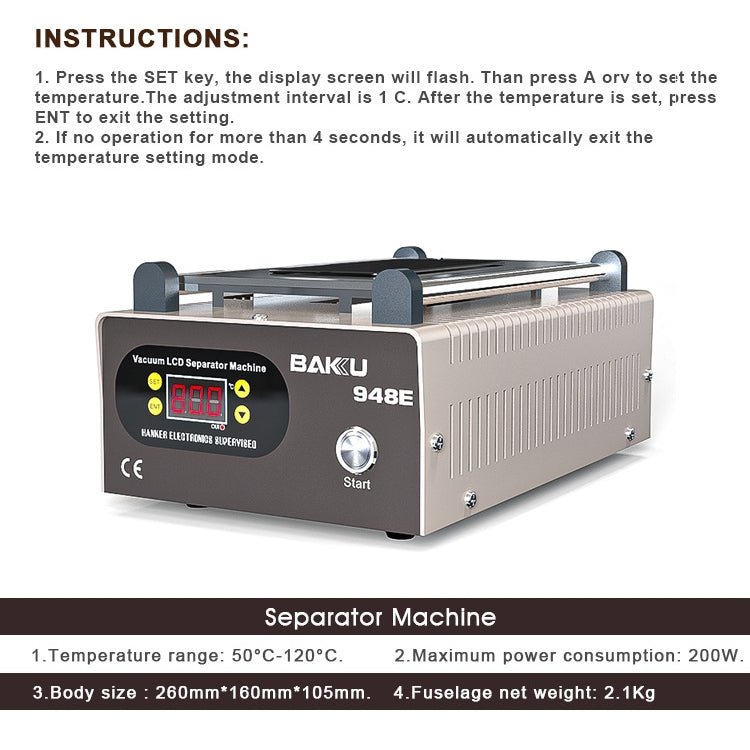 BAKU BA - 948E Mobile Phone Liquid Crystal Separation Machine Flat Display Separator Heating Board, BA - 948E 110V, BA - 948E 220V - ORIWHIZ
