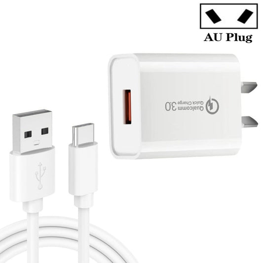 CA - 25 QC3.0 USB 3A Fast Charger with 1m USB to Type - C Data Cable, AU Plug, AU Plug + Type - C Cable - ORIWHIZ