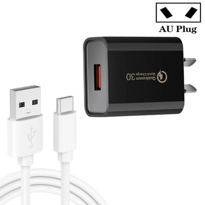 CA - 25 QC3.0 USB 3A Fast Charger with 1m USB to Type - C Data Cable, AU Plug, AU Plug + Type - C Cable - ORIWHIZ