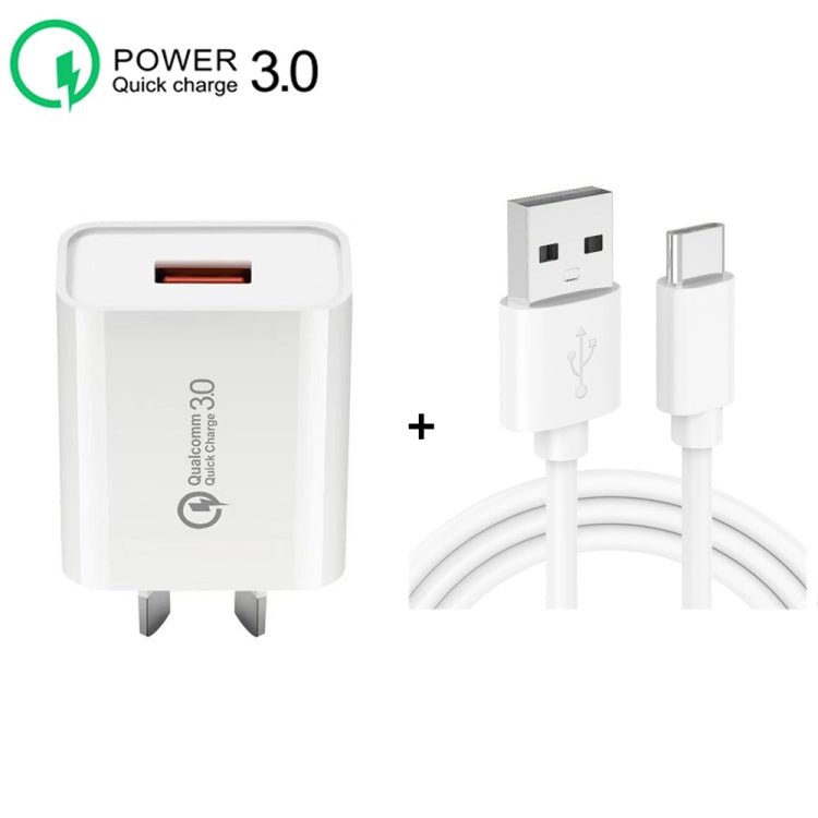 CA - 25 QC3.0 USB 3A Fast Charger with 1m USB to Type - C Data Cable, AU Plug, AU Plug + Type - C Cable - ORIWHIZ