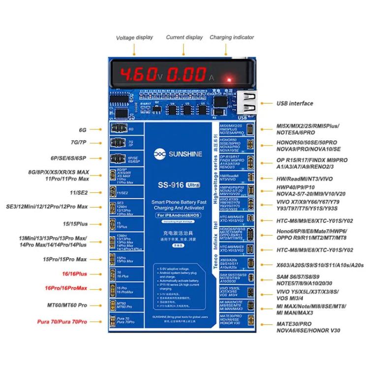 Charging Activation Fixture 5 - 9V Adaptive Voltage Support iPhone 16 Series and Android Models, SUNSHINE SS - 916 Ultra - ORIWHIZ