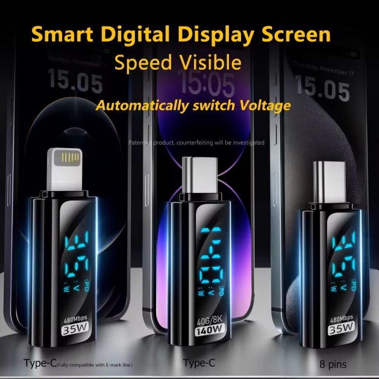 Charging Adapter with Digital Display, 8 Pin Male to Type - C Female 35W, Type - C Male to 8 Pin Female 35W, Type - C Male to Type - C Female 140W - ORIWHIZ