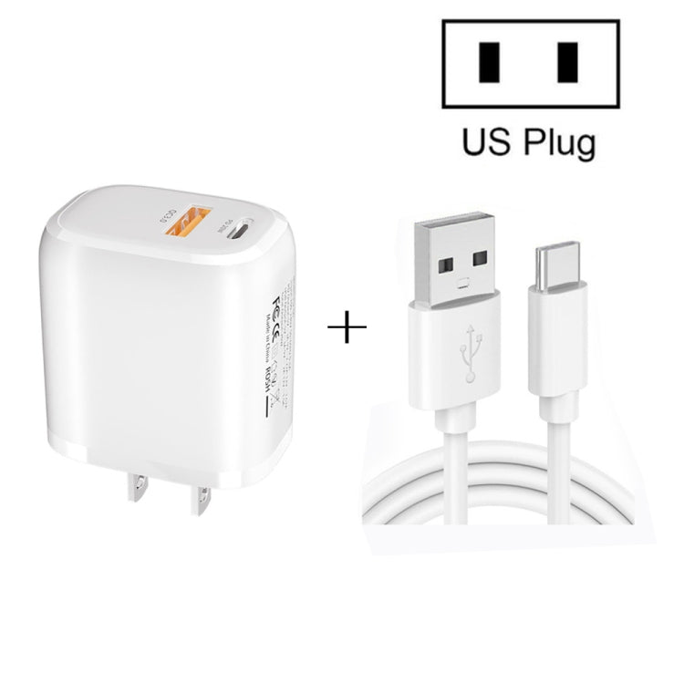 CS - 20W Mini Portable PD3.0 + QC3.0 Dual Ports Fast Charger with 3A USB to Type - C Data Cable, Charger + USB to Type - C Cable - ORIWHIZ