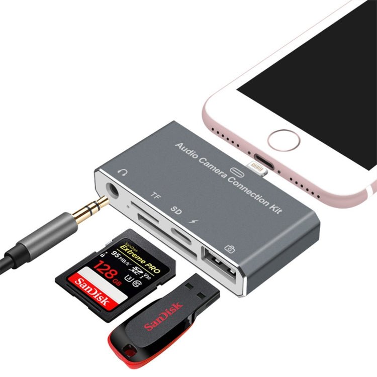 D - 198 5 in 1 8 Pin to USB HUB +USB - C / Type - C + 3.5mm Earphone + SD + TF Card Reader for MacBook, PC, Laptop, Smart Phones - ORIWHIZ