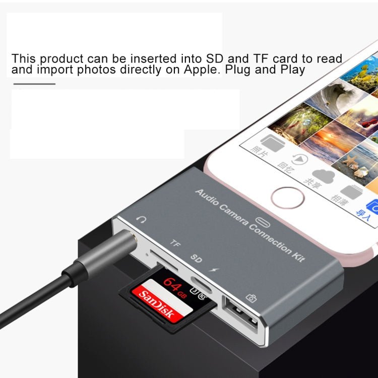 D - 198 5 in 1 8 Pin to USB HUB +USB - C / Type - C + 3.5mm Earphone + SD + TF Card Reader for MacBook, PC, Laptop, Smart Phones - ORIWHIZ
