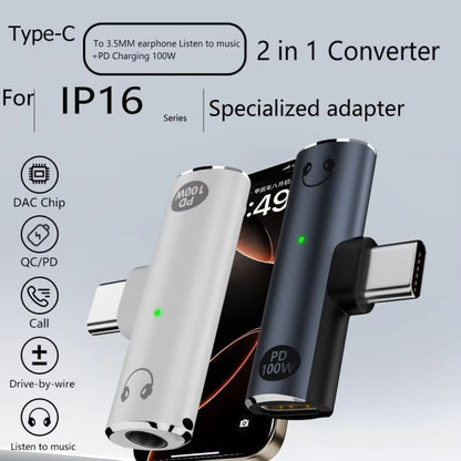 DAC Decoding Type - C to 3.5mm Headphone Plug+PD 100W Charger Conversion Adapter, White, Gray - ORIWHIZ
