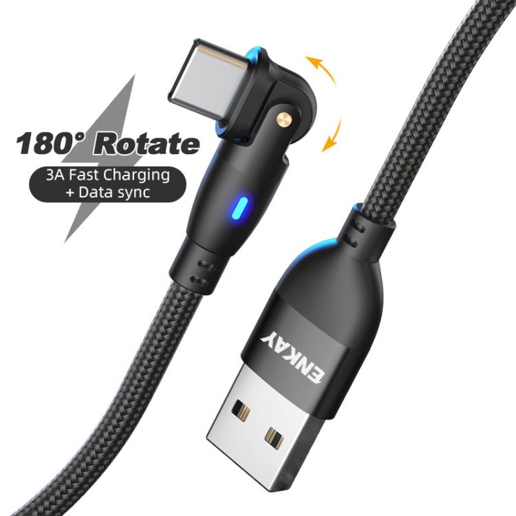ENKAY 180 Degrees Rotating USB to Type - C 3A Fast Charging Data Cable with LED Light, 1m, 2m - ORIWHIZ