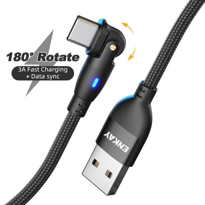 ENKAY 180 Degrees Rotating USB to Type - C 3A Fast Charging Data Cable with LED Light, 1m, 2m - ORIWHIZ