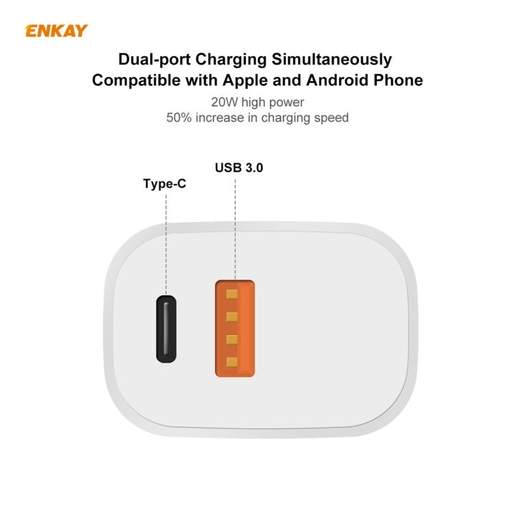 ENKAY Hat - Prince U090 20W PD + QC 3.0 Portable Dual Ports Fast Charging Travel Charger Power Adapter, US Plug - ORIWHIZ