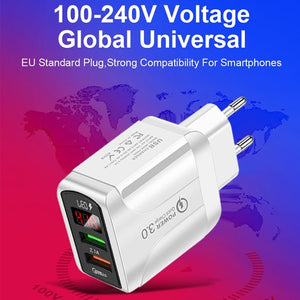 F002C QC3.0 USB + USB 2.0 Fast Charger with LED Digital Display for Mobile Phones and Tablets, EU Plug, EU Plug - ORIWHIZ