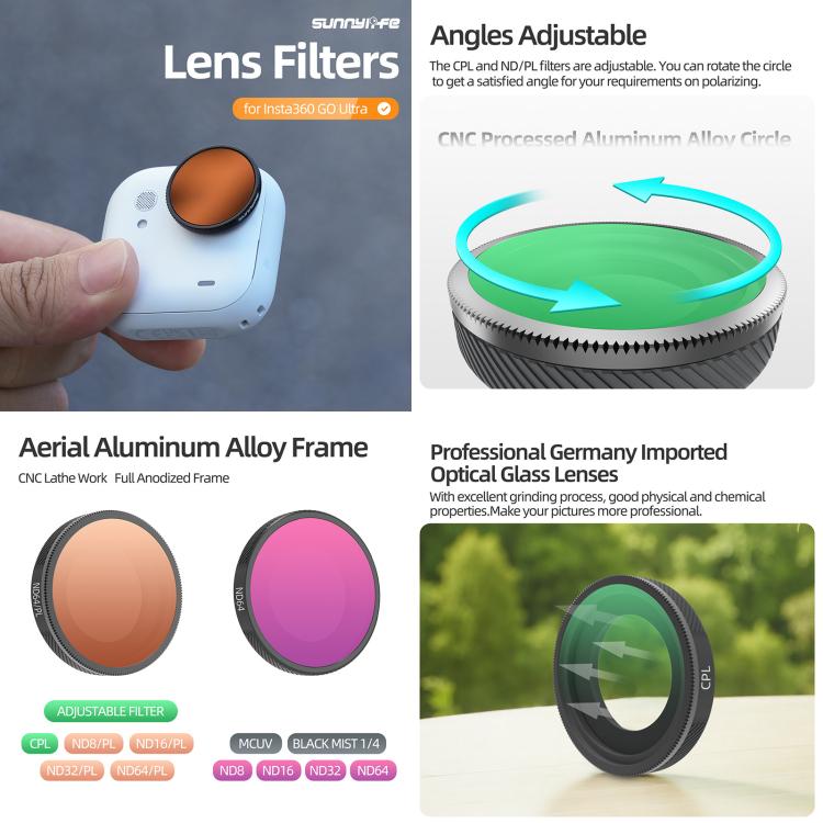For Insta360 GO Ultra Sunnylife Camera Lens Filter, Black Mist 1/4, CPL, MCUV, ND8, ND16, ND32, ND64, ND8PL, ND16PL, ND32PL, ND64PL, 3 in 1 Light Shadow, 3 in 1 Mixed Filter, 4 in 1 Mixed Filter, 4 in 1 ND, 4 in 1 NDPL, 6 in 1 Mixed Filter - ORIWHIZDJI & Insta360 AccessoriesInsta360 GO SeriesLen Accessories