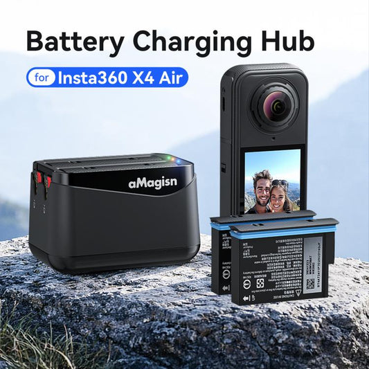 قاعدة شحن سريعة لبطاريتين لكاميرا Insta360 X4 Air من Amagisn، تدعم الشحن السريع لبطاريتين في وقت واحد مع مؤشر LED - ملحقات DJI وInsta360 وسلسلة Insta360 X