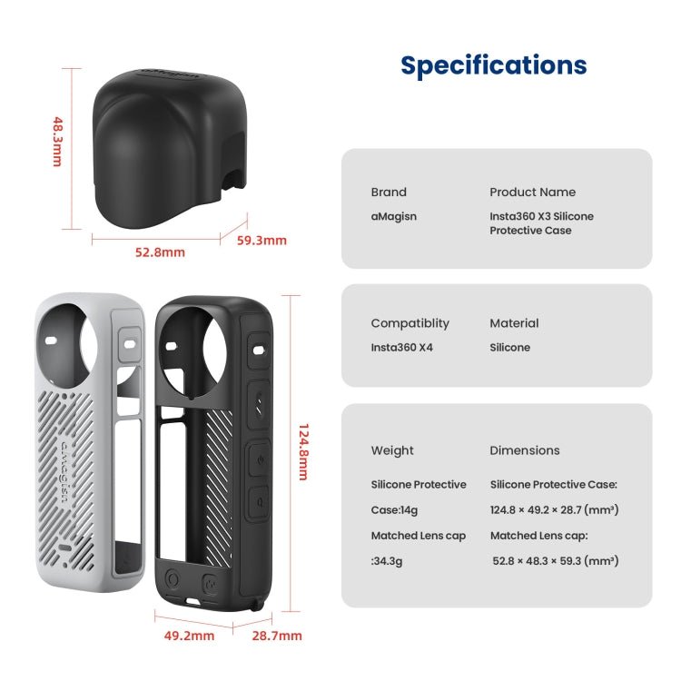 For Insta360 X4 AMagisn Silicone Protective Cover, Body Case + Lens Cover Black, Body Case + Lens Cover Gray, Body Case Black, Body Case Gray, Lens Cover Black, Lens Cover Gray - ORIWHIZaMagisnDJI & Insta360 AccessoriesInsta360 X Series