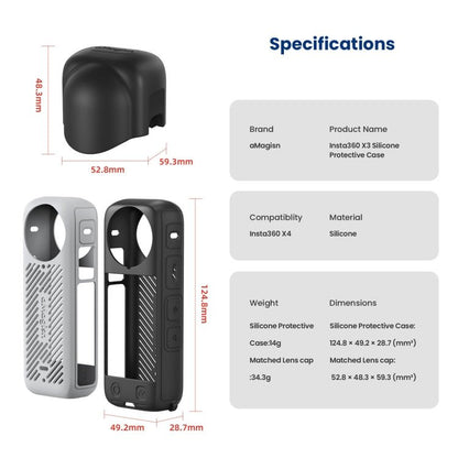 For Insta360 X4 AMagisn Silicone Protective Cover, Body Case + Lens Cover Black, Body Case + Lens Cover Gray, Body Case Black, Body Case Gray, Lens Cover Black, Lens Cover Gray - ORIWHIZaMagisnDJI & Insta360 AccessoriesInsta360 X Series