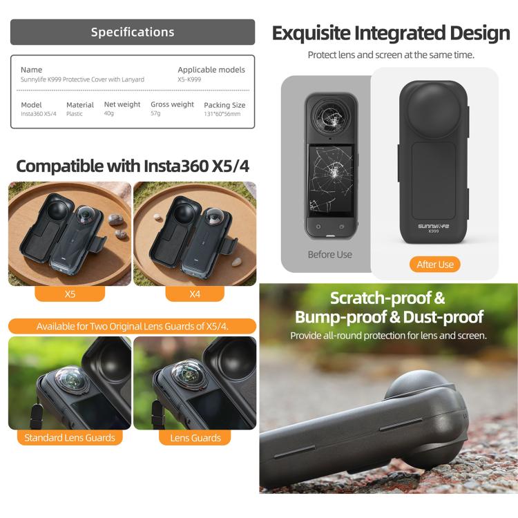 For Insta360 X5 / X4 Sunnylife Integrated Lens Screen Protective Cover Camera Case with Strap - ORIWHIZDJI & Insta360 AccessoriesInsta360 X SeriesProtection & Cases