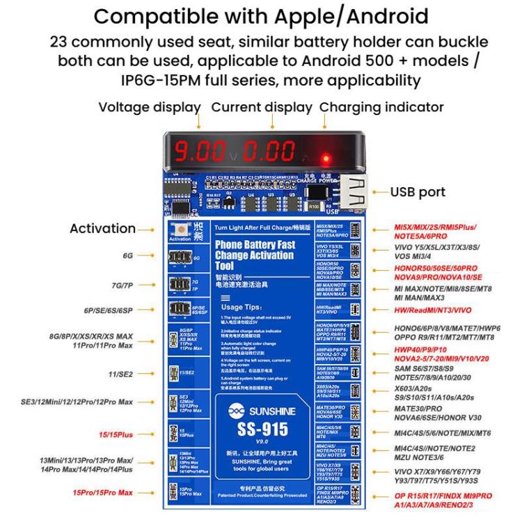 For iPhone Android Mobile Phone Repair Battery Charging Activation Board V9 Battery Test Activation Board Tool, SUNSHINE SS - 915 - ORIWHIZ