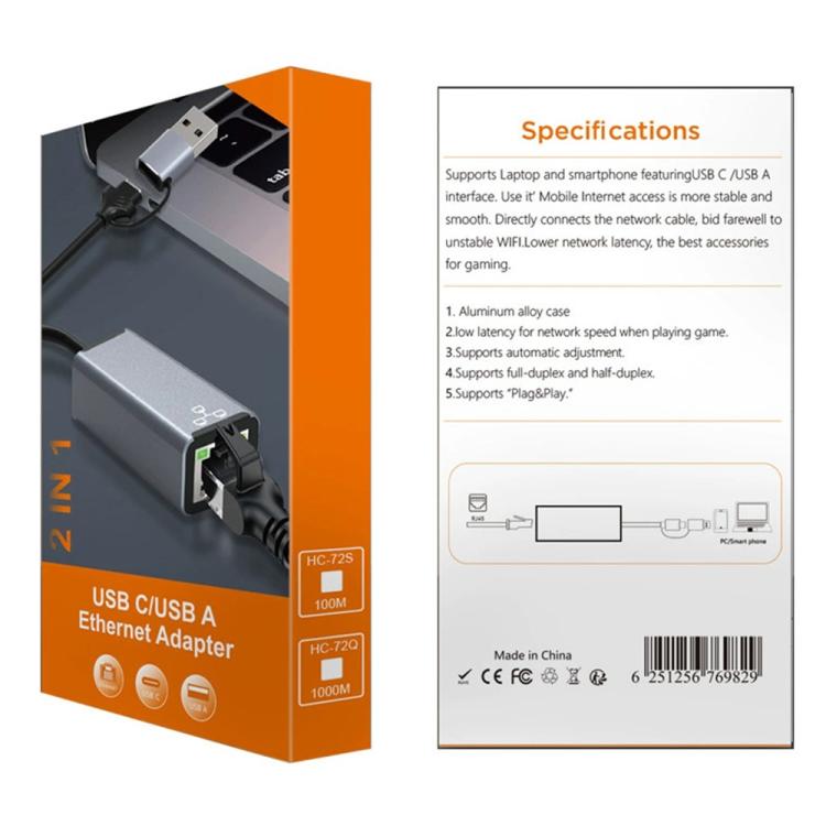 HC - 72S USB - C / USB - A to RJ45 Ethernet Adapter 100Mbps Network Converter, HC - 72S - ORIWHIZComputer & NetworkingHUB with Lan adapterUSB Hubs