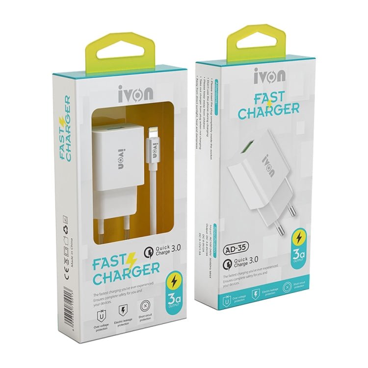 IVON AD - 35 2 in 1 18W QC3.0 USB Port Travel Charger + 1m USB to USB - C / Type - C Data Cable Set,, EU Plug, US Plug - ORIWHIZ