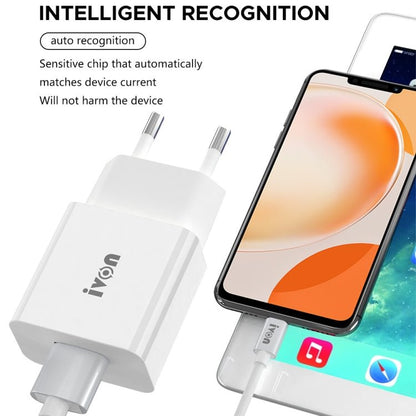 IVON AD - 35 2 in 1 18W QC3.0 USB Port Travel Charger + 1m USB to USB - C / Type - C Data Cable Set,, EU Plug, US Plug - ORIWHIZ