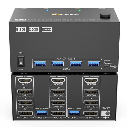KCEVE KC - KVM204D3 HDMI+3 DP Ports KVM Switch Supports 4 Displays 2 Computers 4K 144Hz / 8K 60Hz, US Plug, EU Plug, AU Plug, UK Plug - ORIWHIZComputer & NetworkingHDMI SeriesKCEVE