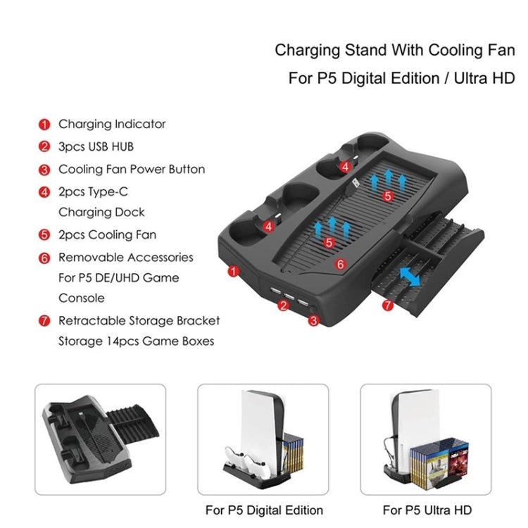 KJH P5 - 010 - 2 Multi - function Charging Cooling Fan Base with Storage Tray Bracket For PS5 De / UHD, KJH P5 - 010 - 2 - ORIWHIZSony AccessoriesSony Accessories Charger & PowerToys & Hobbies