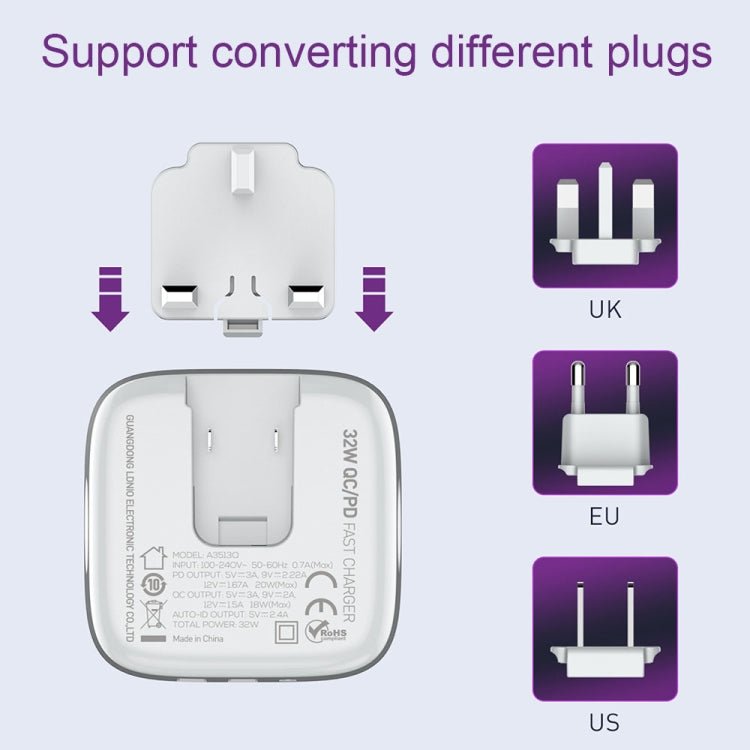 LDNIO A3513Q 32W QC3.0 3 USB Ports Phone Adapter, US Plug with Micro USB Cable, US Plug with 8 Pin Cable, US Plug with Type - C Cable, US Plug with Type - C to 8 Pin Cable, EU Plug with Micro USB Cable, EU Plug with 8 Pin Cable, EU Plug with Type - C Cable - ORIWHIZ