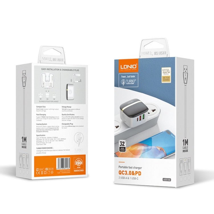 LDNIO A3513Q 32W QC3.0 3 USB Ports Phone Adapter, US Plug with Micro USB Cable, US Plug with 8 Pin Cable, US Plug with Type - C Cable, US Plug with Type - C to 8 Pin Cable, EU Plug with Micro USB Cable, EU Plug with 8 Pin Cable, EU Plug with Type - C Cable - ORIWHIZ